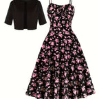 Charming Floral Strap Skirt Women's Sweet Versatile Black Blouse Dress Set