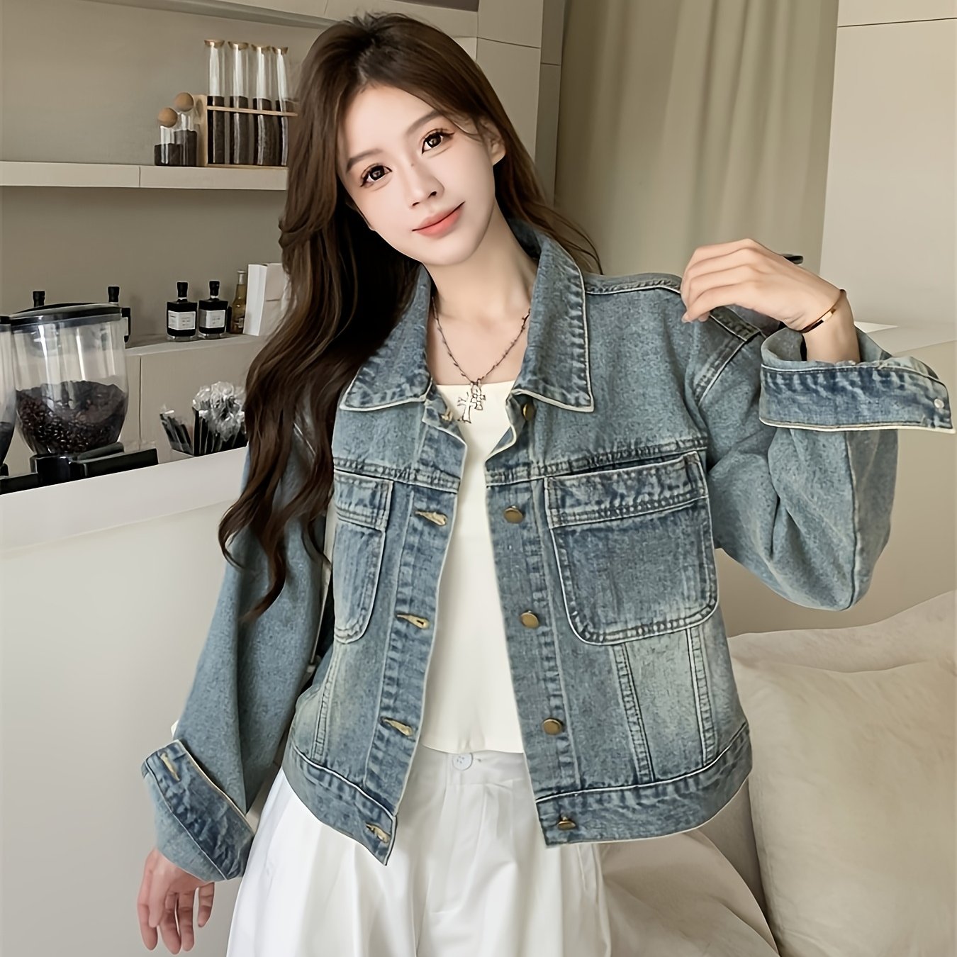 Women's Vintage Denim Jacket - Retro Cropped Short Sleeve Coat with Front Pockets, Machine Washable Regular Fit Casual Spring\u002FFall Outerwear, Cropped Denim Jacket