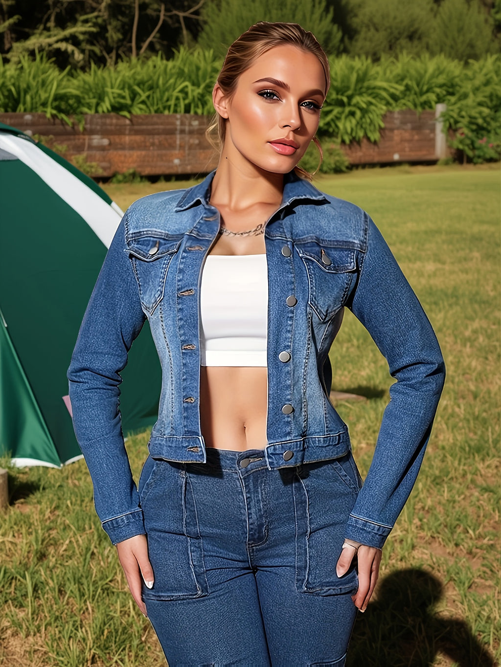 Women'S Casual Denim Jacket - Button-Up, Long Sleeve, High-Stretch Fabric, Solid Color, Ideal for Spring\u002FFall, Versatile Jacket|Classic Denim Style|Durable Construction