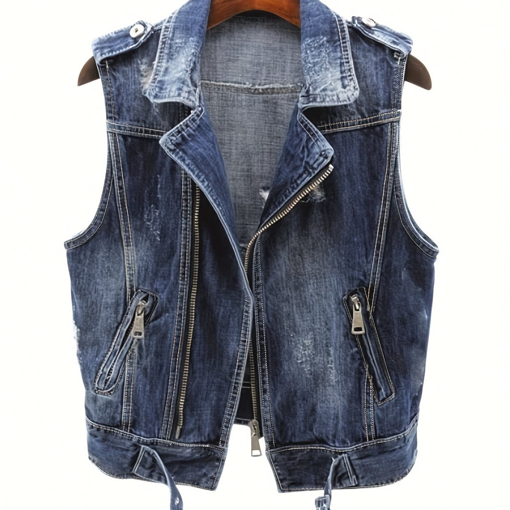 Retro-Style Women'S Denim Jacket with a Zipper, New Korean Version Sleeveless Vest for Spring And Autumn 2025, Designed to Be Slimming.