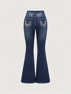 Stretch Comfort Women's Stretch Denim Flare Jeans with Rhinestone Details - Elegant Blue Bell Bottom Pants, Mid-Rise, Blend, Machine Washable, All-Season Comfort Fit