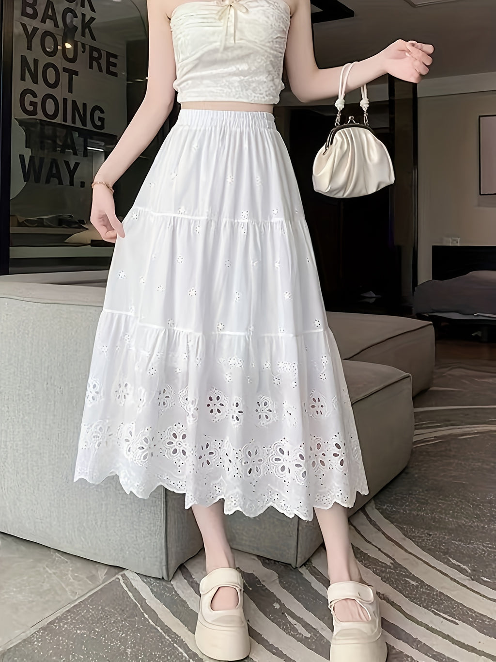 Women'S Summer Hollow Embroidered Midi Skirt with Elastic High Waist And Flared Design.