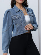 Women's Slim-Fit Long Sleeve Denim Jacket - Elegant Lapel Collar Single-Breasted Closure, Machine Washable Solid Blue Coat for Spring\u002FSummer Casual & Semi-Formal Outfits