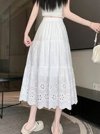 Women'S Summer Hollow Embroidered Midi Skirt with Elastic High Waist And Flared Design.