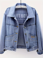 Women's Relaxed Fit Denim Jacket with Letter Embroidery - Lightweight 100% Polyester Machine-Washable Spring\u002FFall Casual Chic Coat for Commuting & Casual Attire