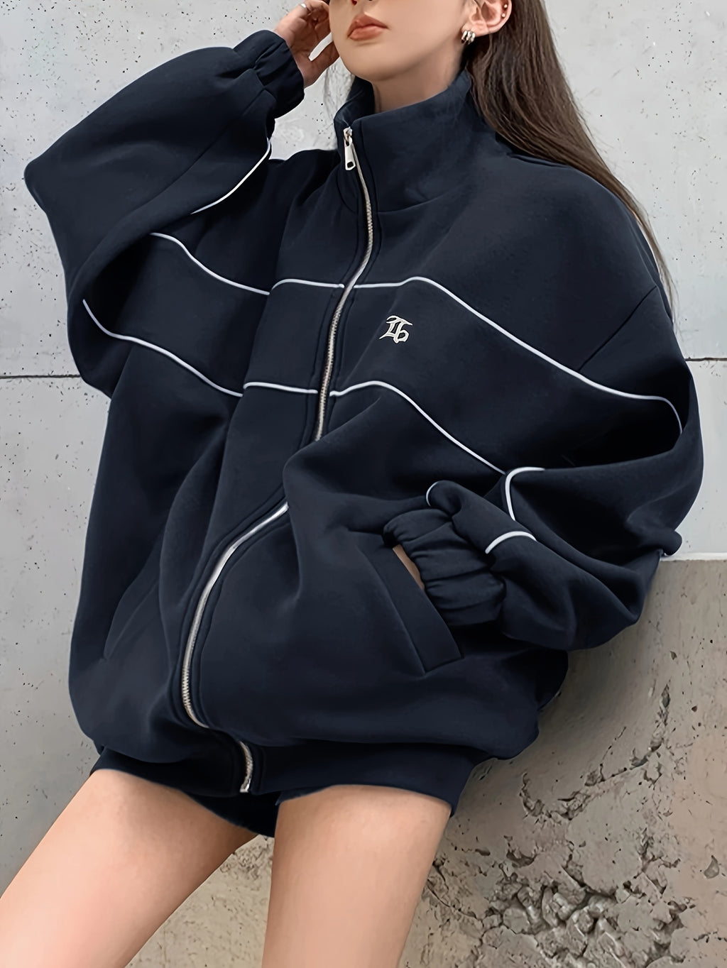 Solid Color Loose Casual Embroidered Stand Collar Jacket with Zipper for Women