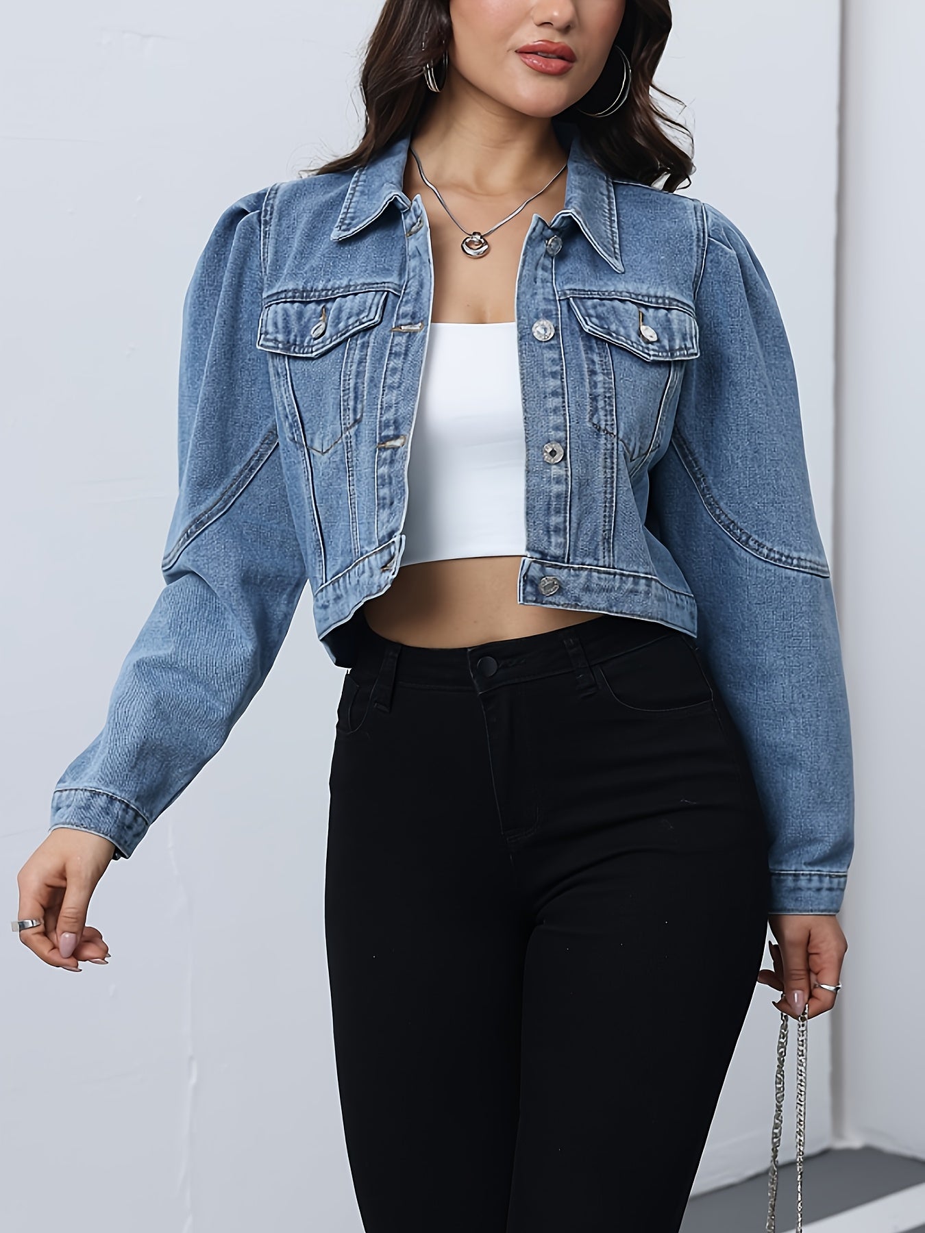 Women's Slim-Fit Long Sleeve Denim Jacket - Elegant Lapel Collar Single-Breasted Closure, Machine Washable Solid Blue Coat for Spring\u002FSummer Casual & Semi-Formal Outfits