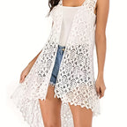 Solid Hollow Out Open Front Vest, Versatile Sleeveless Asymmetrical Outwear For Spring & Summer, Women's Clothing