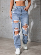 Light Blue Distressed Straight-Leg Vintage Long Pants