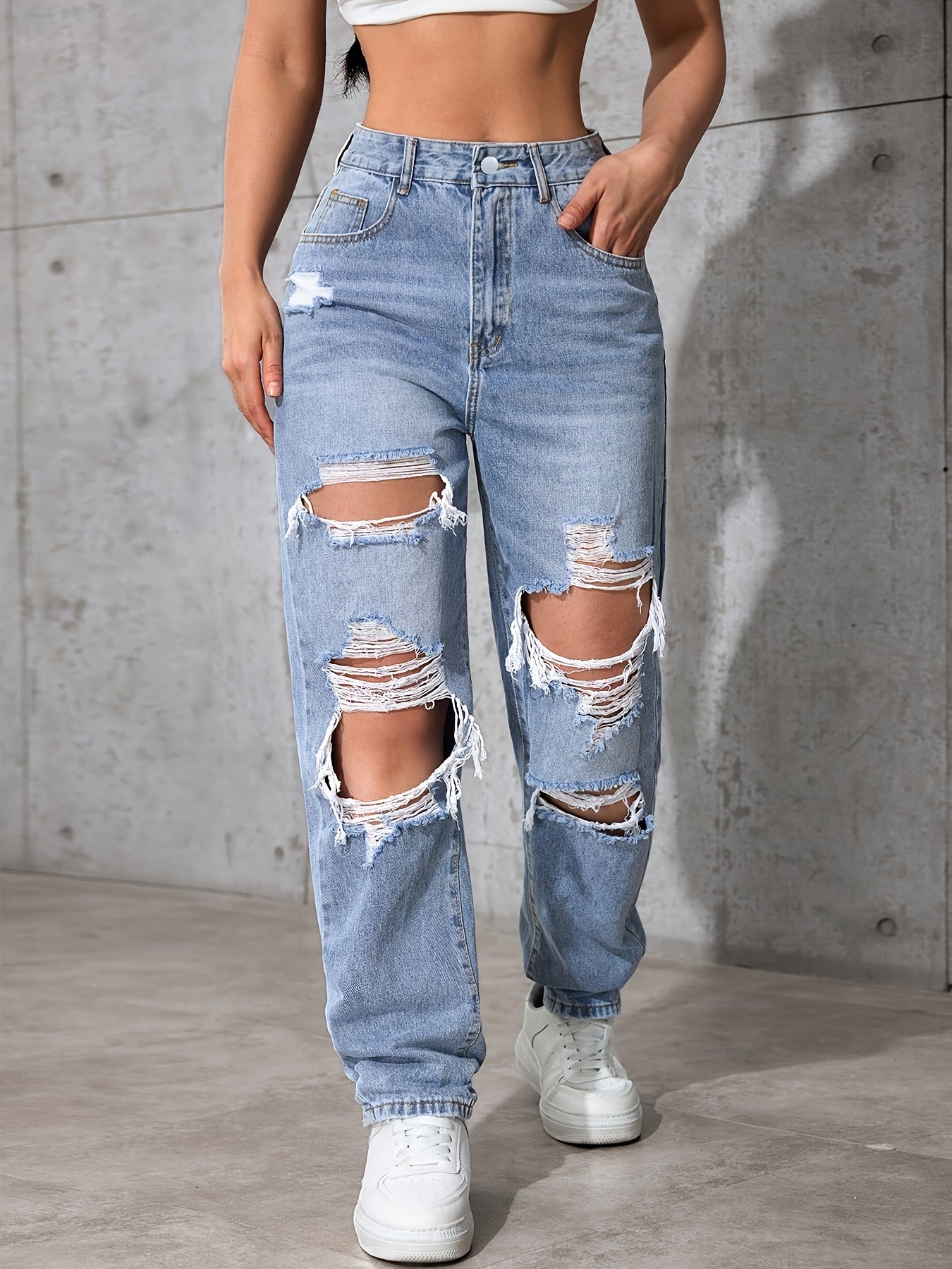 Light Blue Distressed Straight-Leg Vintage Long Pants