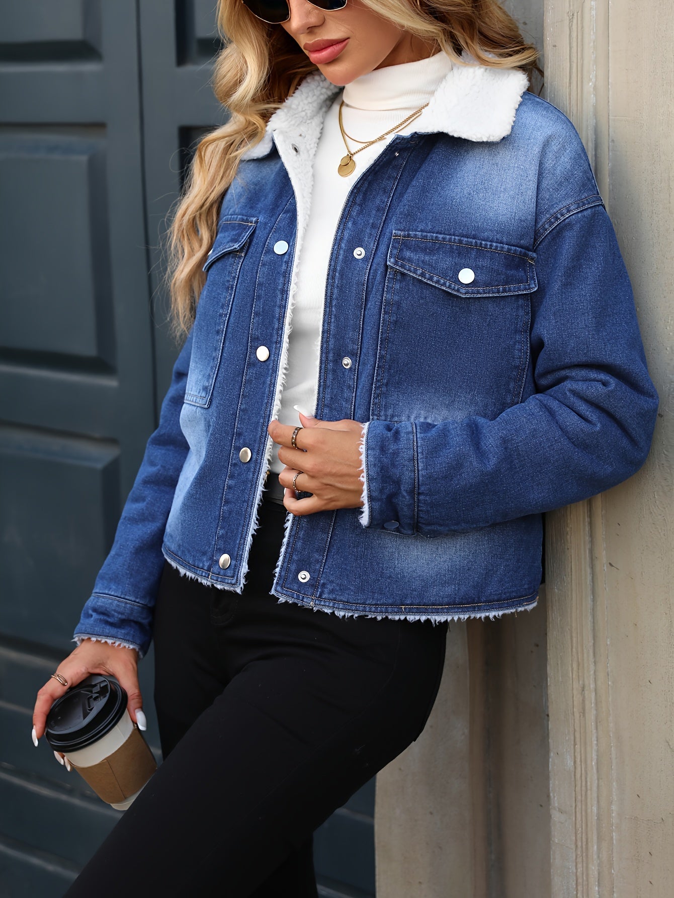 Morin Women's Elegant Fleece-Lined Denim Jacket - Winter Warm Button-Up Coat with Chest Pockets, Machine Washable, Classic Solid Color for Fall & Winter, Casual Outerwear