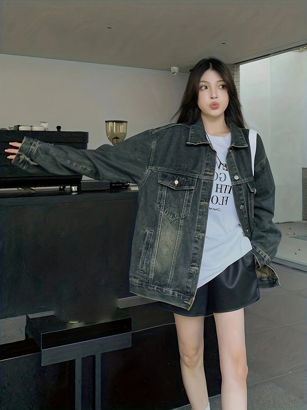 Women'S Casual Denim Jacket - Solid Color, Woven Cotton, Button Detail, Unstretched Fabric, Fall\u002FWinter Collection