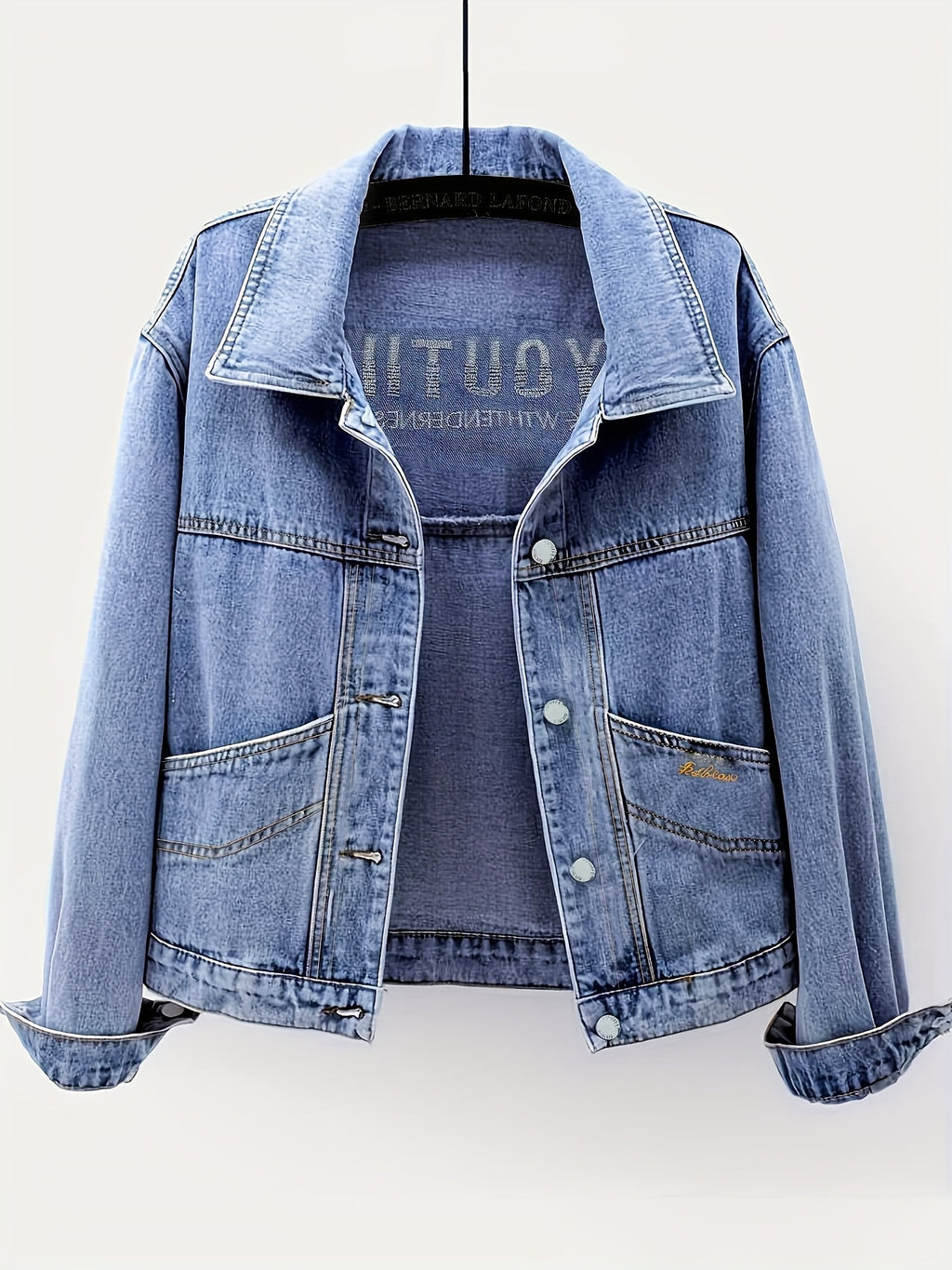 Chic Denim Letter Embroidered Jacket for Women - Loose Fit, Long Sleeve, Button-Up Design, Light Blue Washed Jean Coat, Perfect for Spring & Fall, Casual Yet Stylis