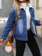 Morin Women's Elegant Fleece-Lined Denim Jacket - Winter Warm Button-Up Coat with Chest Pockets, Machine Washable, Classic Blue for Fall & Winter, Ladies Denim Jacket, Cold Weather Apparel, Functional Pocket Design