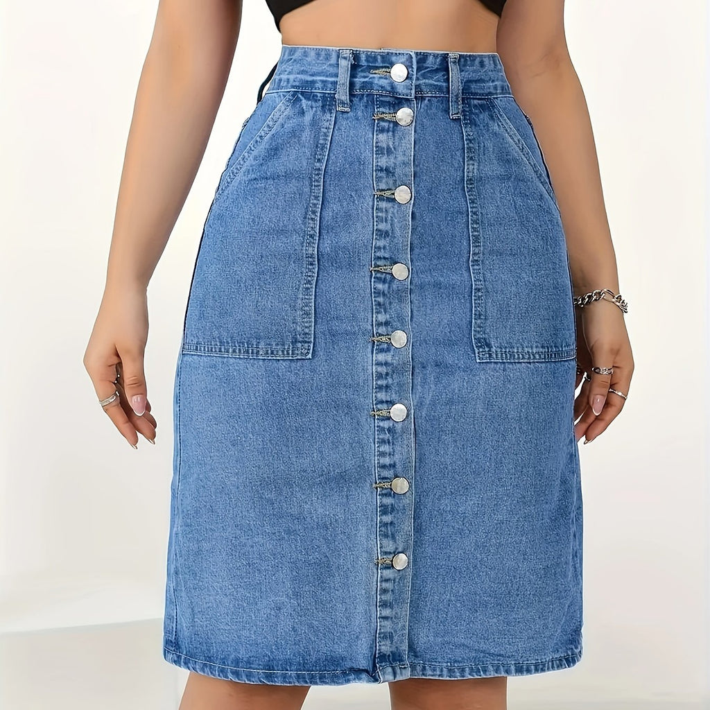 Sexy Denim Skirt for Women - Solid Color, Woven, Button Detail, Split Hem, Regular Fit, No Belt, Spring\u002FFall Collection