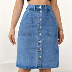 Sexy Denim Skirt for Women - Solid Color, Woven, Button Detail, Split Hem, Regular Fit, No Belt, Spring\u002FFall Collection