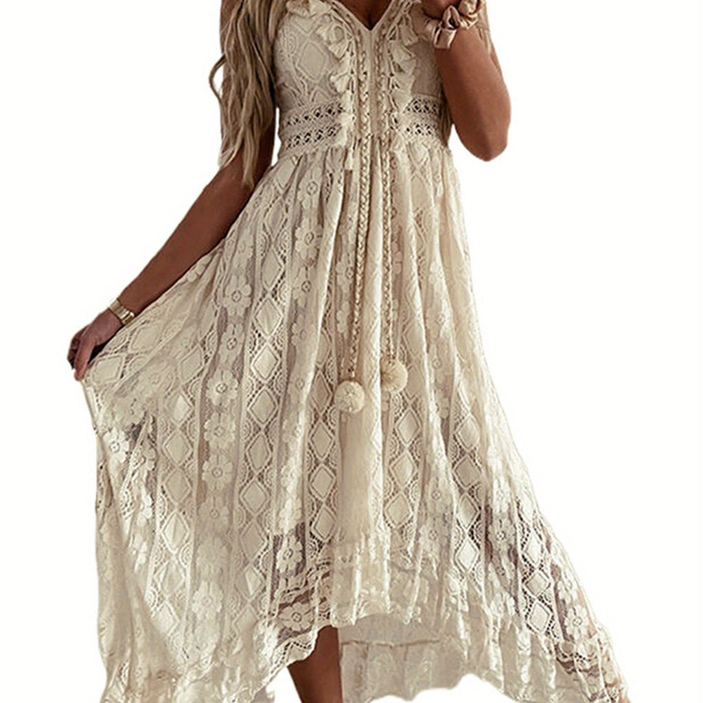 Women's Vintage Lace Hem Dress - Deep V-Neck Sleeveless Beachwear, Lightweight Summer Skirt with Intricate Lace Detailing, Machine Washable, Beige\u002FWhite, Elegant Daywear, Soft Flowy Fabric