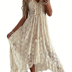 Women's Vintage Lace Hem Dress - Deep V-Neck Sleeveless Beachwear, Lightweight Summer Skirt with Intricate Lace Detailing, Machine Washable, Beige\u002FWhite, Elegant Daywear, Soft Flowy Fabric