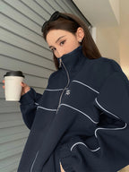 Solid Color Loose Casual Embroidered Stand Collar Jacket with Zipper for Women