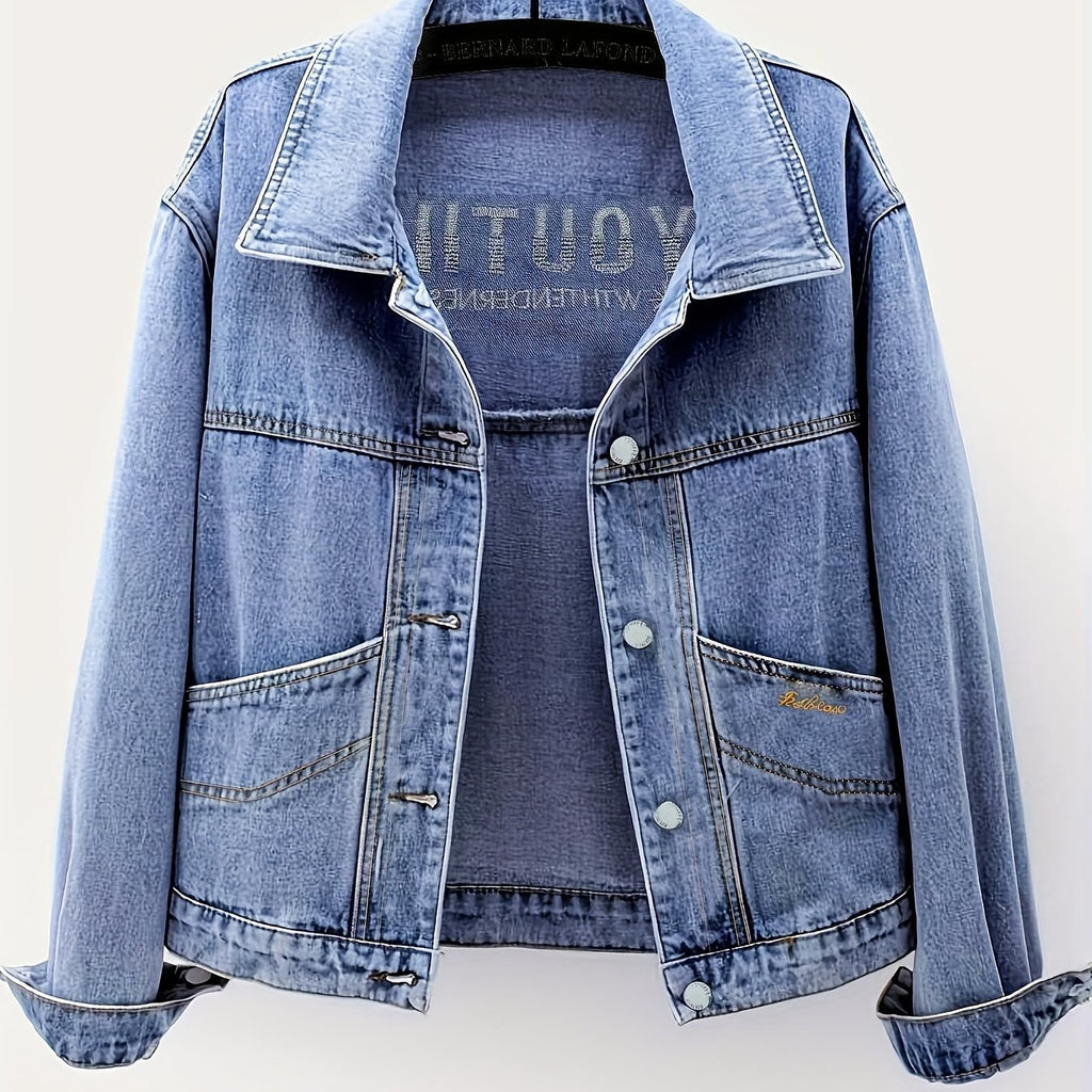 Chic Denim Letter Embroidered Jacket for Women - Loose Fit, Long Sleeve, Button-Up Design, Light Blue Washed Jean Coat, Perfect for Spring & Fall, Casual Yet Stylis