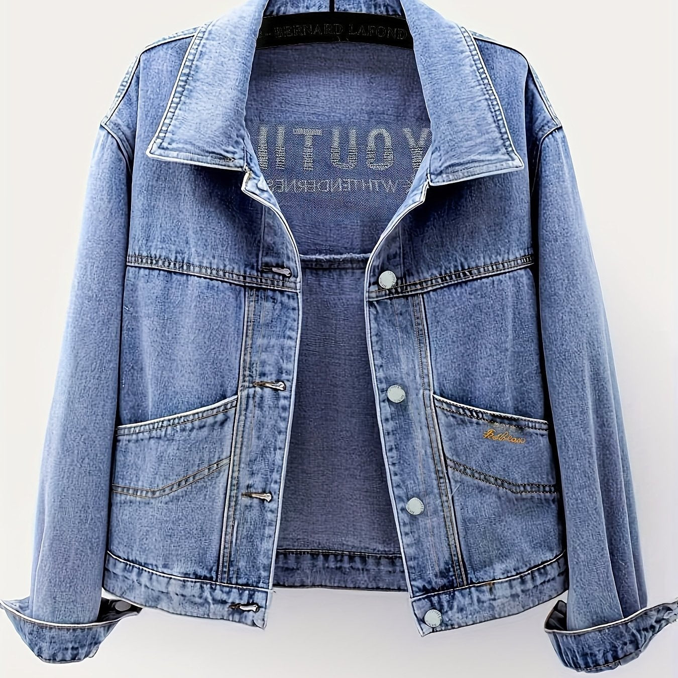 Chic Denim Letter Embroidered Jacket for Women - Loose Fit, Long Sleeve, Button-Up Design, Light Blue Washed Jean Coat, Perfect for Spring & Fall, Casual Yet Stylis