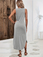 Women'S Summer Sleeveless V-Neck Dress, Casual Loose Fit Long Dress with Heart Print, Polyester 95% Spandex 5% Knit Fabric, Fashionable Grey Tank Dress for Ladies