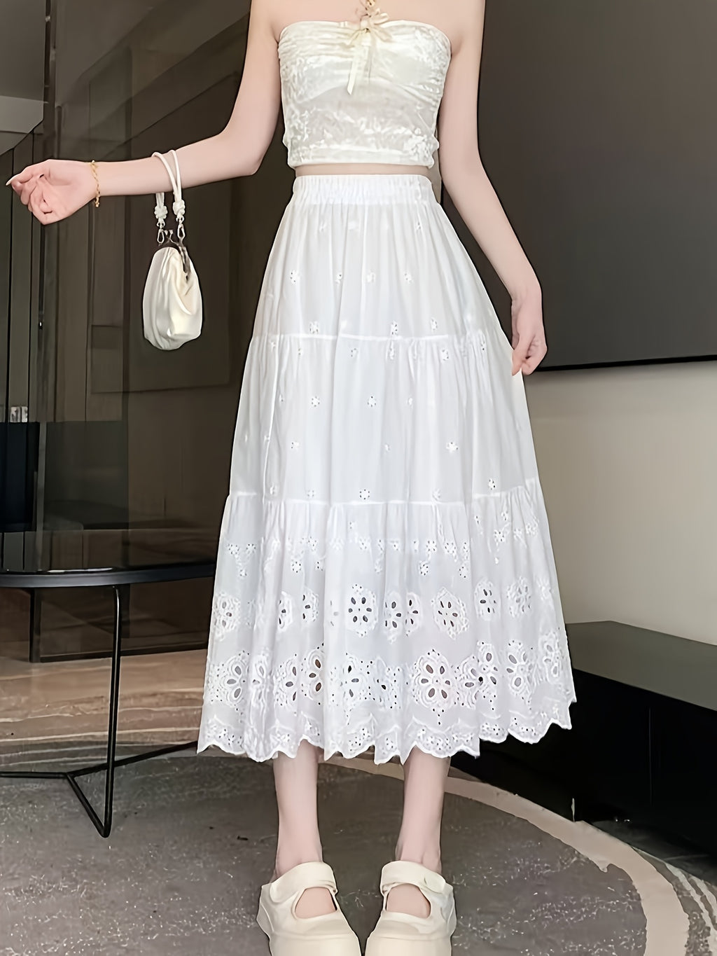 Women'S Summer Hollow Embroidered Midi Skirt with Elastic High Waist And Flared Design.