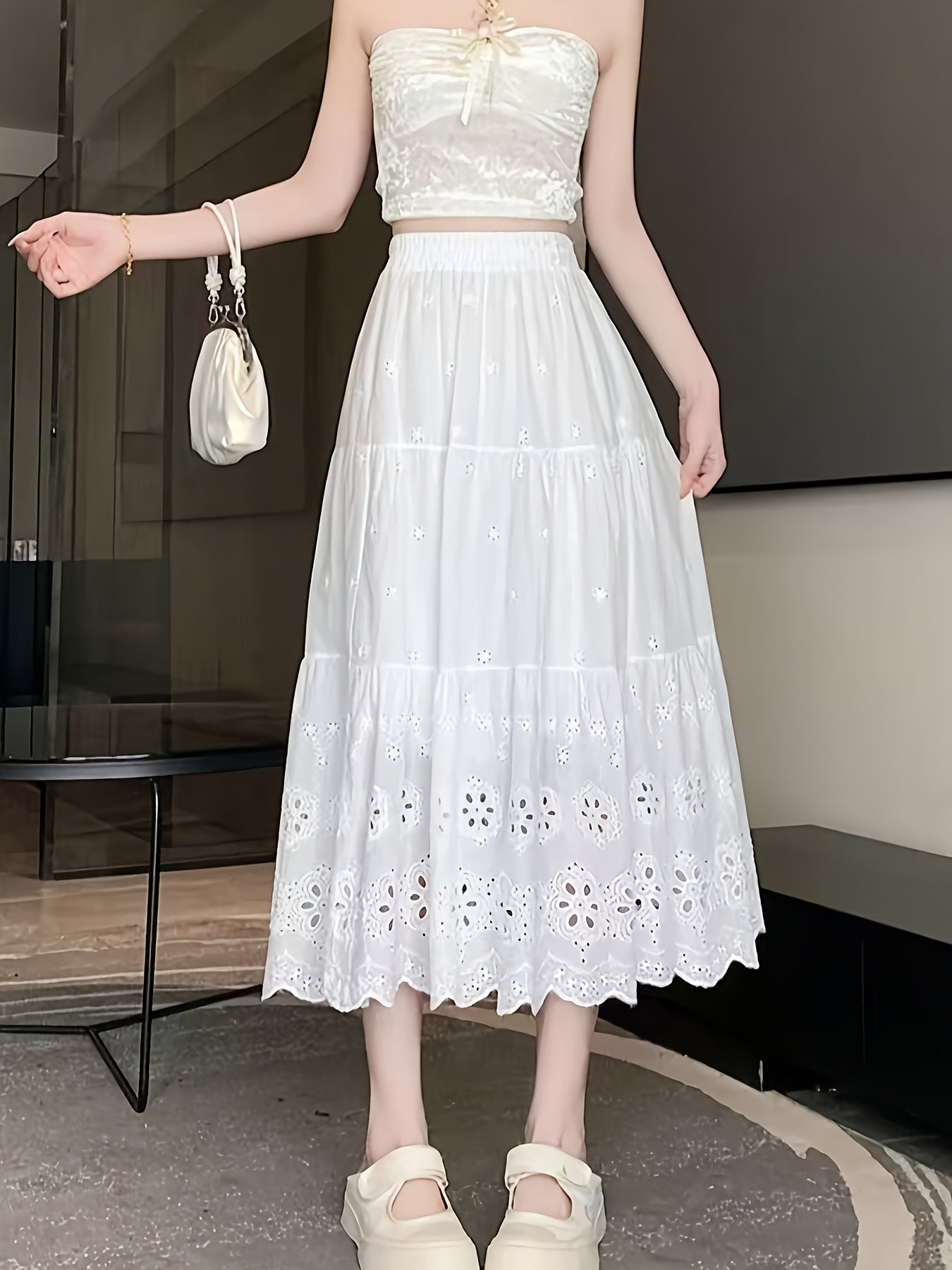 Women'S Summer Hollow Embroidered Midi Skirt with Elastic High Waist And Flared Design.