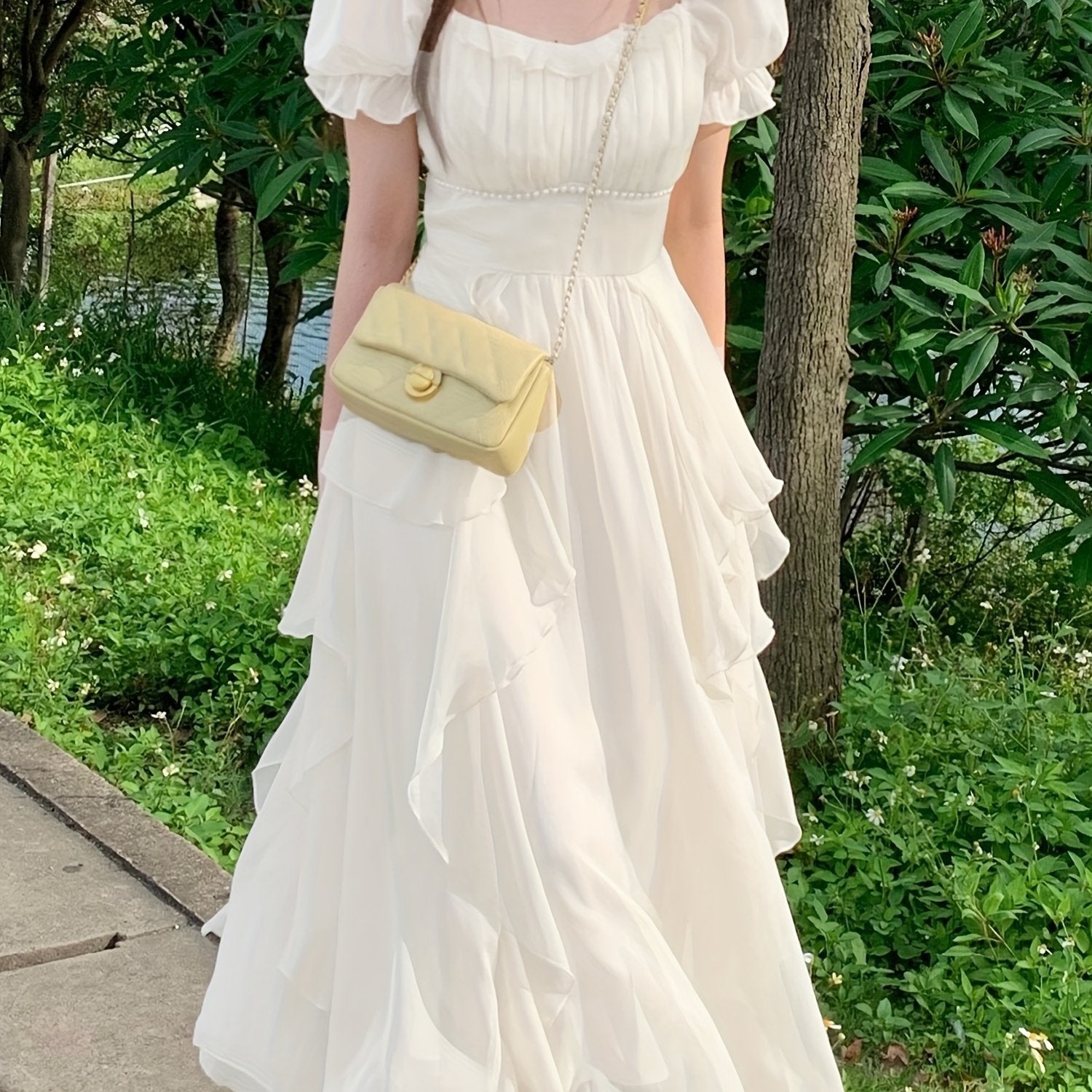 Elegant French-Inspired Midi Dress with Ruffled Sleeves and Square Neckline - Beaded Cinched Waist, Flowing A-Line Silhouette, Perfect for Spring\u002FSummer, Cute Dres