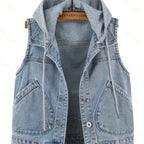 A Loose-Fitting Spring And Autumn Jacket in a Trendy Korean Style, Featuring Versatile Square Slant Pockets, Sleeveless Design, Short Length, And Single-Breasted Closure. The Hood Is Detachable, Making It a Stylish Hoodie Jacket.