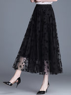 Directional Elegant Floral Printed Mesh Skirt, High-Waisted Casual Long Skirt, Women'S Clothing
