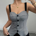 Chic Black & White Houndstooth Sleeveless Vest for Women - Adjustable Spaghetti Straps, V-Neckline, Single Row Buttons, Lightweight Polyester, Perfect for Spring, Summer & Fall Outfits, Stylish Layering Piece | Vneck Vest | Functional Design