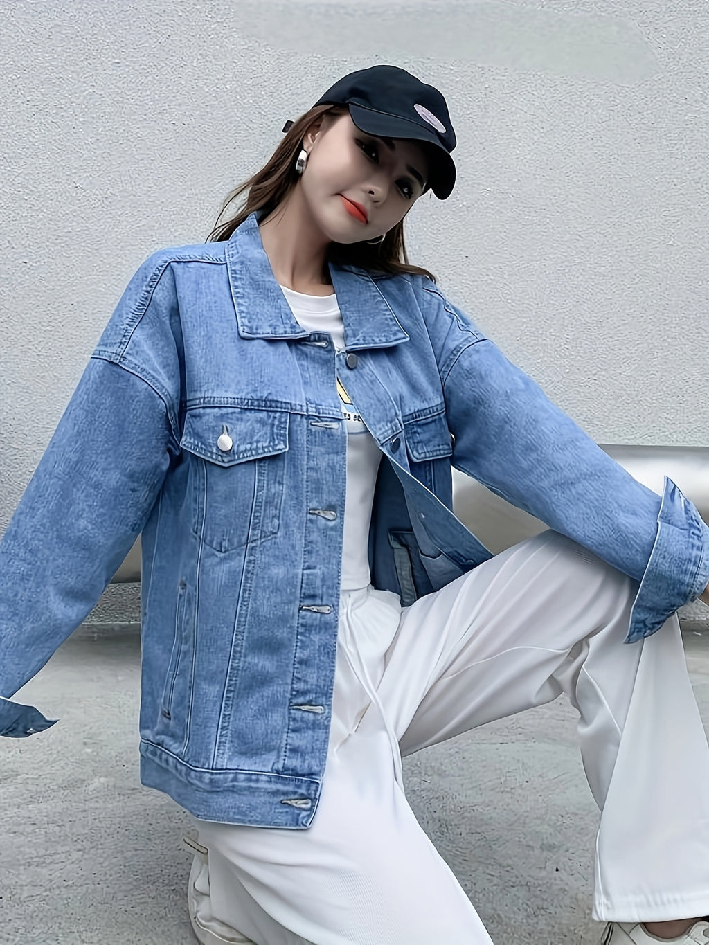 Women'S Casual Denim Jacket, Loose Fit Solid Color, Long Sleeve, Single Breasted with Lapel Collar, Regular Length, Non-Stretch Fabric, 81%, 9.6% Viscose, 8.5% Polyester, Fall\u002FWinter Outerwear