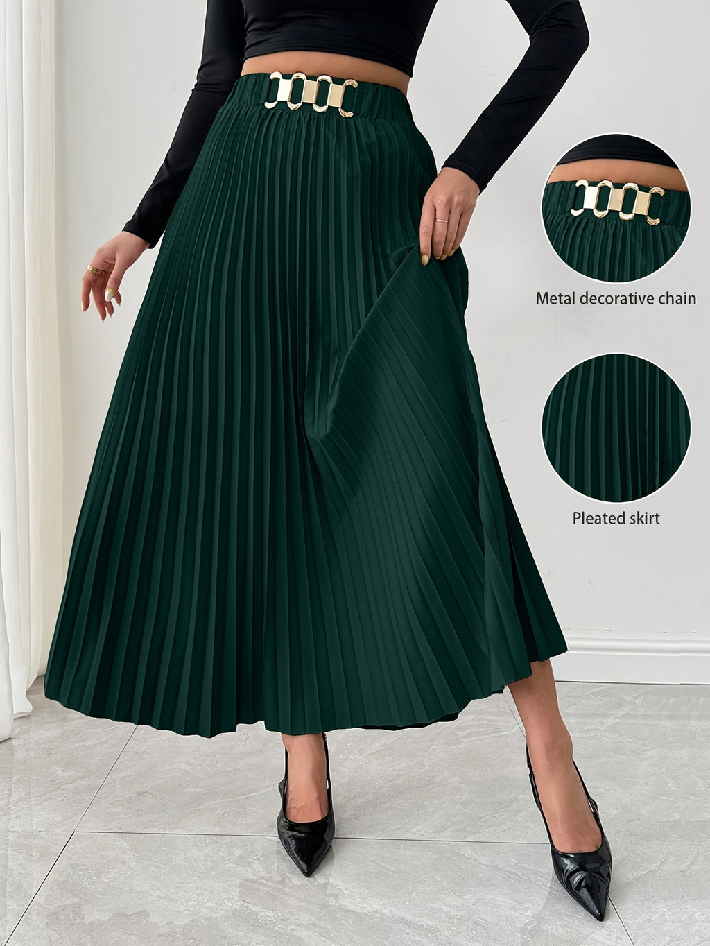Women's Elegant Pleated Skirt - Dark Green Metallic Chain Belted Waist, Puffed Short Skirt with Vertical Pleats, Machine Washable 3-Season Spring Summer Fall Versatile Office to Party Wear, Cute Skirts