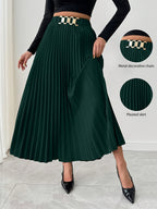 Women's Elegant Pleated Skirt - Dark Green Metallic Chain Belted Waist, Puffed Short Skirt with Vertical Pleats, Machine Washable 3-Season Spring Summer Fall Versatile Office to Party Wear, Cute Skirts