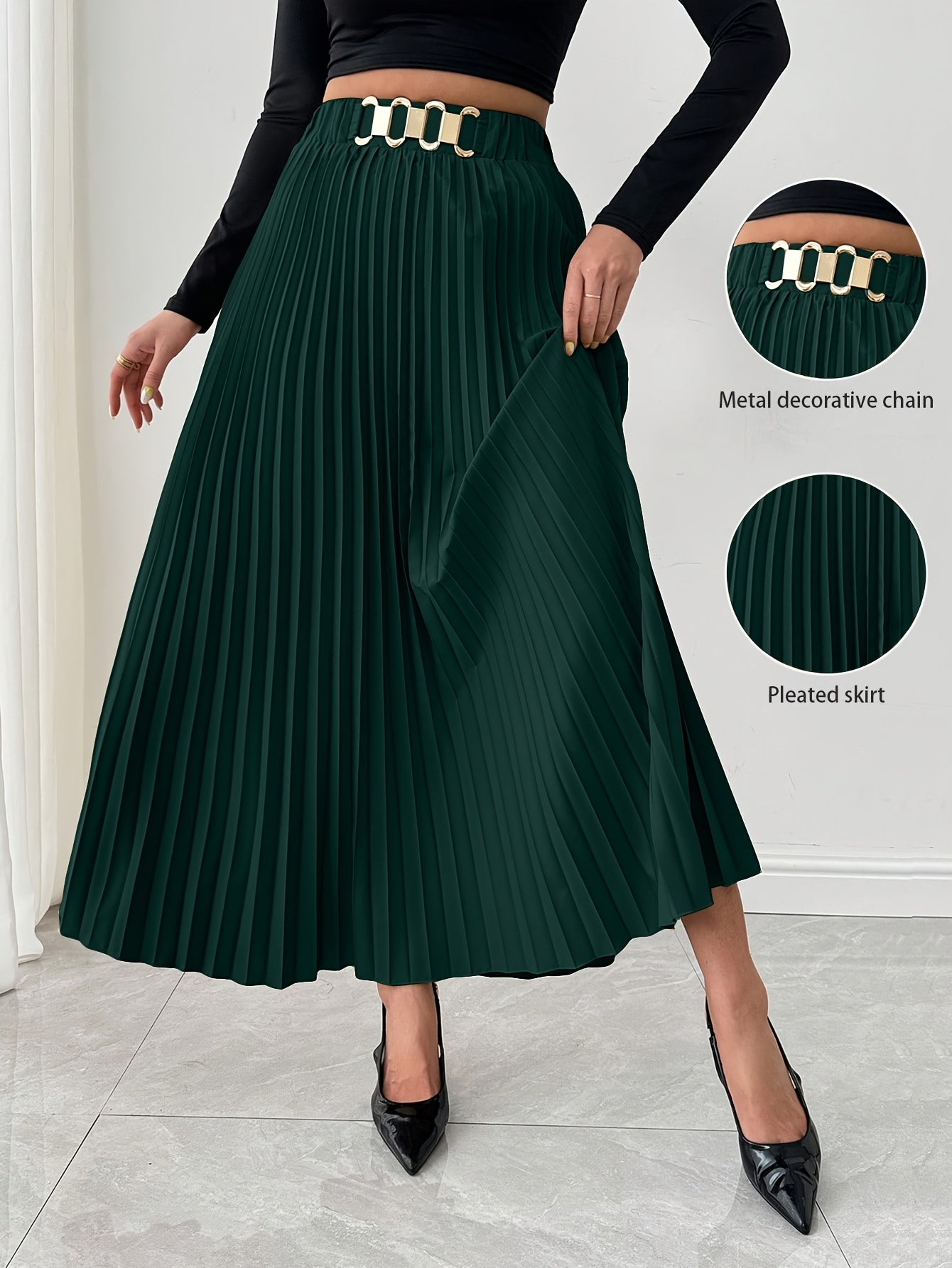 Women's Elegant Pleated Skirt - Dark Green Metallic Chain Belted Waist, Puffed Short Skirt with Vertical Pleats, Machine Washable 3-Season Spring Summer Fall Versatile Office to Party Wear, Cute Skirts