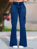 Women's High-Waist Stretch Denim Flare Jeans - Comfort Fit, Classic Slash Pockets, Dark Blue Washed, All-Season Wear