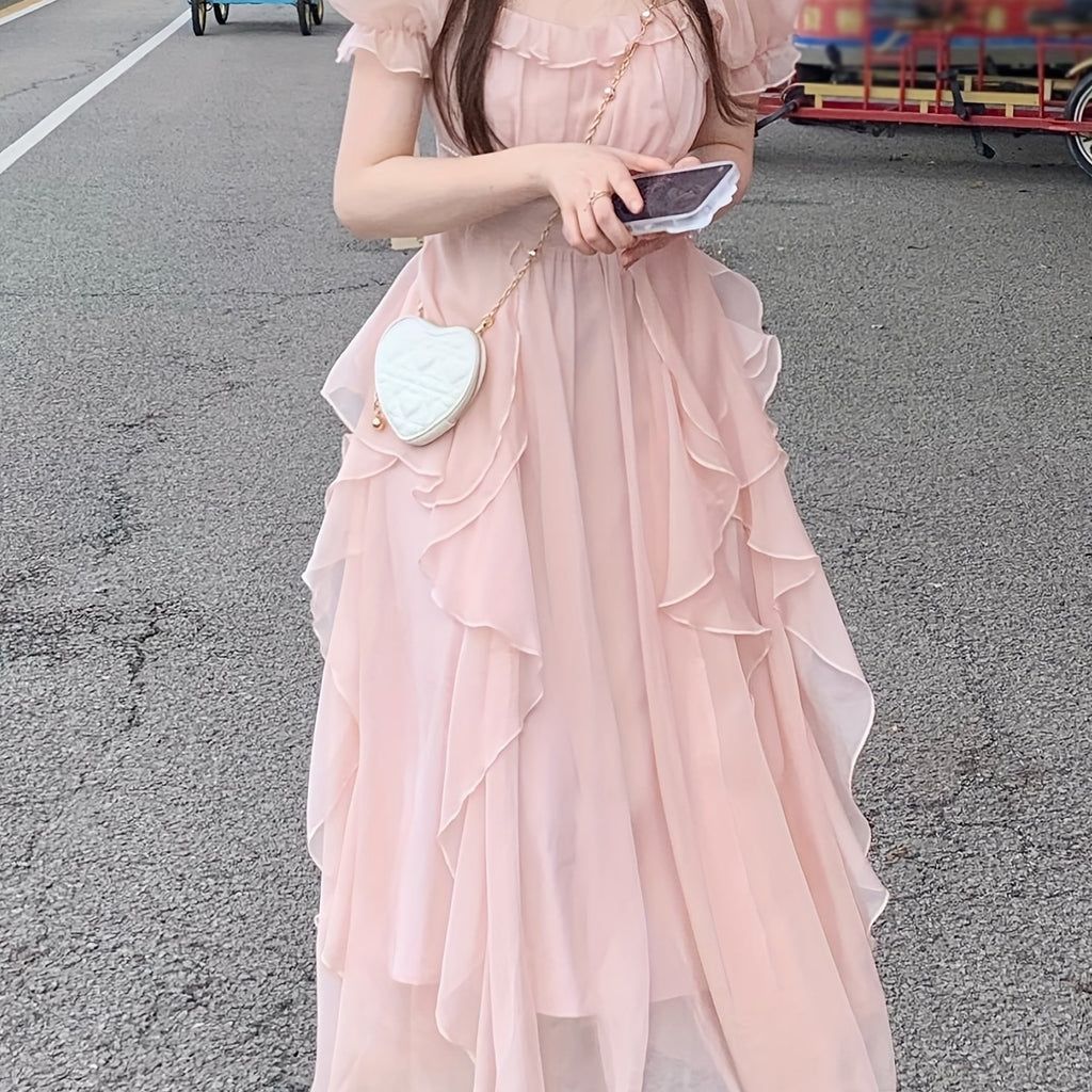 Elegant French-Inspired Midi Dress with Ruffled Sleeves and Square Neckline - Beaded Cinched Waist, Flowing A-Line Silhouette, Perfect for Spring\u002FSummer, Cute Dres