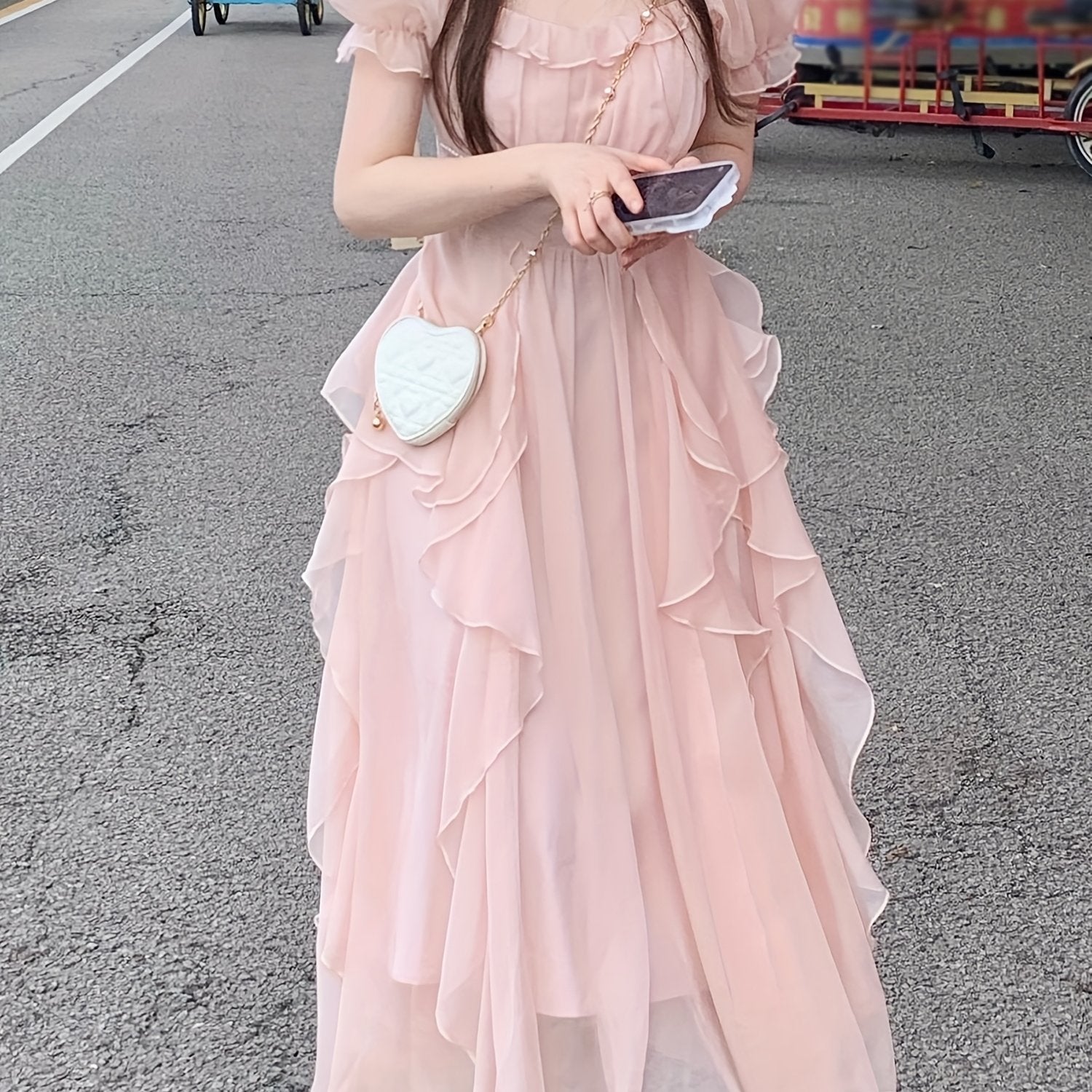 Elegant French-Inspired Midi Dress with Ruffled Sleeves and Square Neckline - Beaded Cinched Waist, Flowing A-Line Silhouette, Perfect for Spring\u002FSummer, Cute Dres