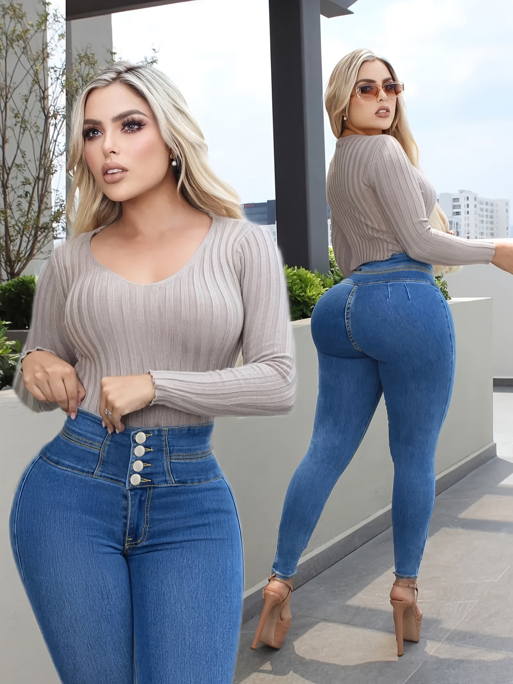 Traceable Women's High Waist High Elastic Button Tight Fitted Hip Lift Solid Color Body Shaping Jeans