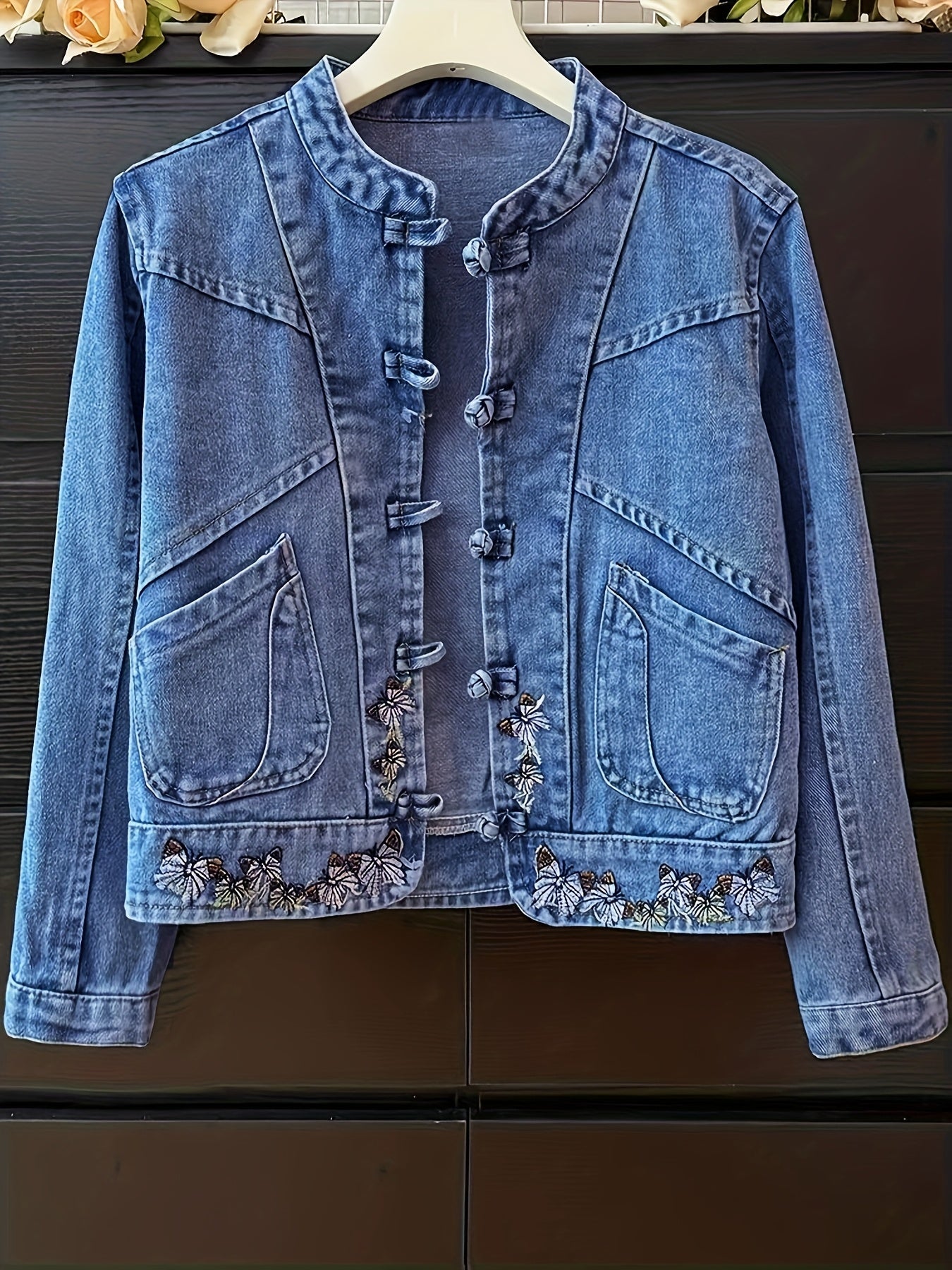 Vintage-Inspired Women's Denim Jacket with Floral Embroidery, Slim Fit Stretch Denim Coat with Ethnic Buckle Details and Chest Pockets - Light Wash Blue, Casual to Chic Style for Casual Attire