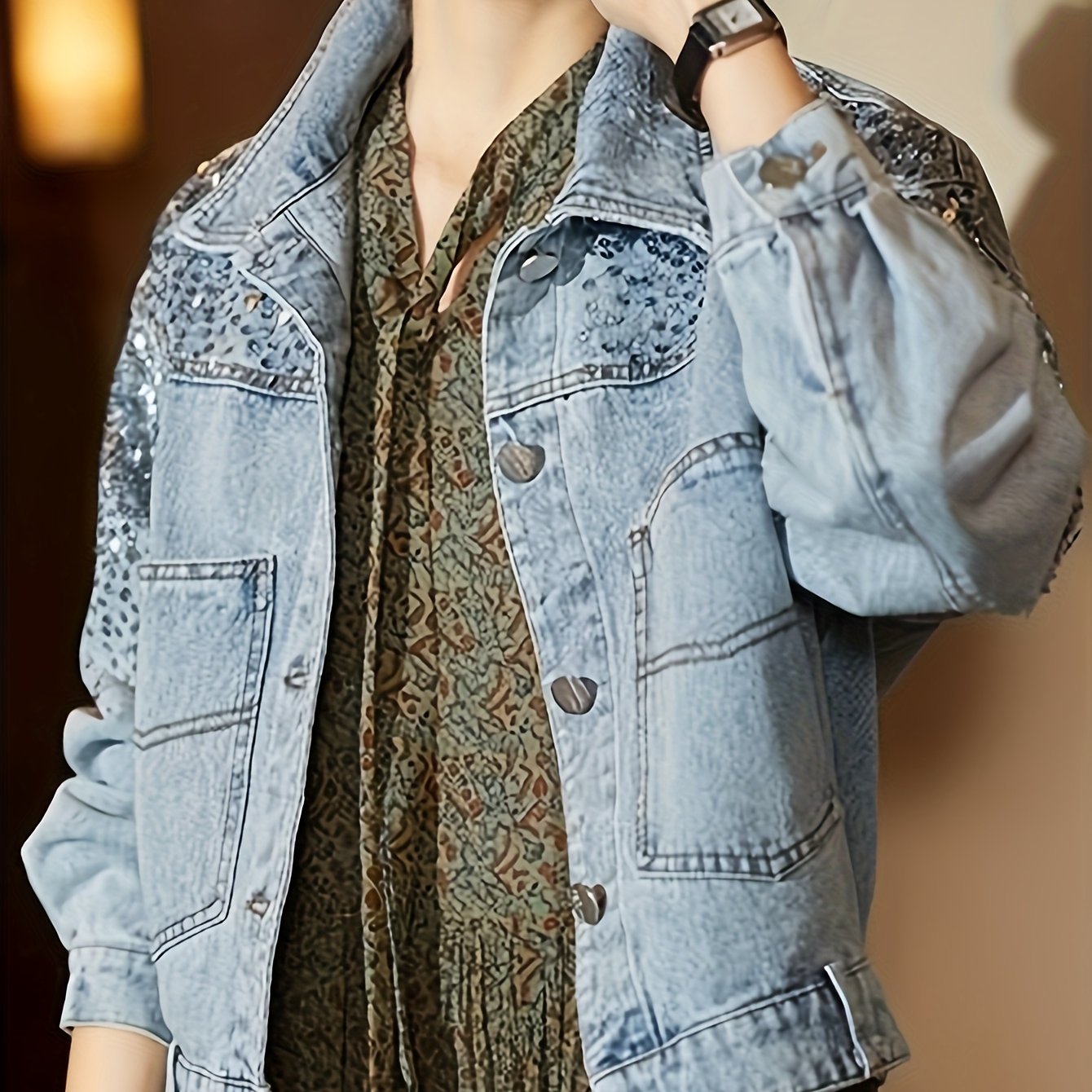 Women'S Vintage-Inspired Faux Denim Jacket with Sequin Pockets - Casual Yet Chic Long Sleeve Button-Up Outerwear for Spring\u002FSummer, Non-Stretch Fabric, Casual Wear Jacket|Vintage Faux Denim Jacket|Sleek Casual Styl