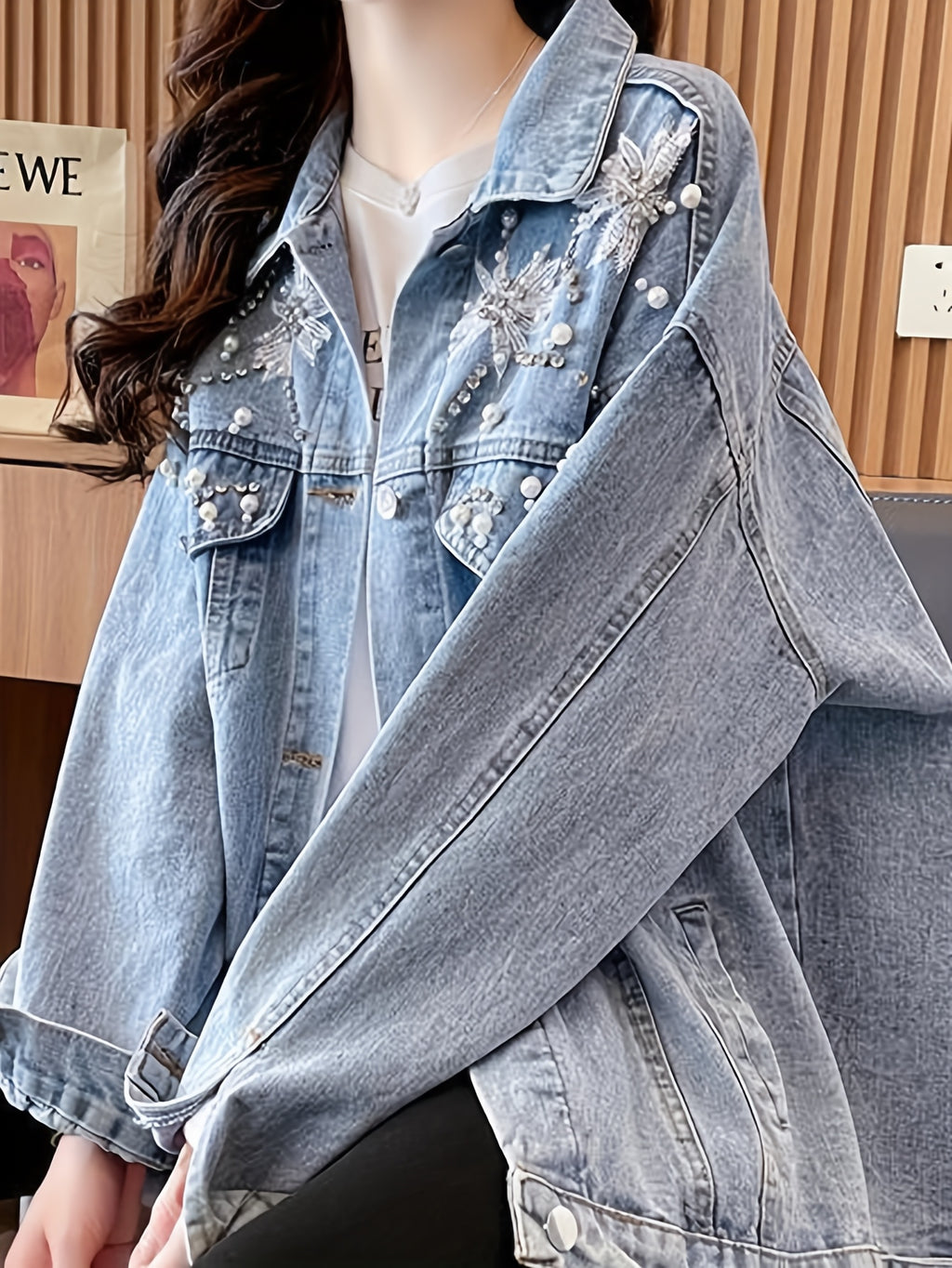 Spring\u002FFall Casual Jacket with Lapel Collar, Color Block Pattern, Long Sleeve, Button Details, Polyester Fabric, 130 g\u002Fm², Woven, Fashionable and Stylish for Going Out