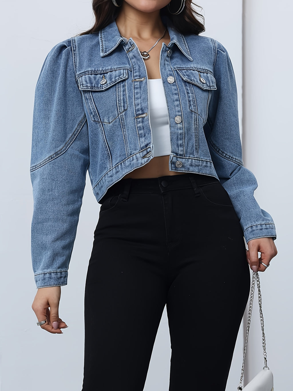 Women's Slim-Fit Long Sleeve Denim Jacket - Elegant Lapel Collar Single-Breasted Closure, Machine Washable Solid Blue Coat for Spring\u002FSummer Casual & Semi-Formal Outfits