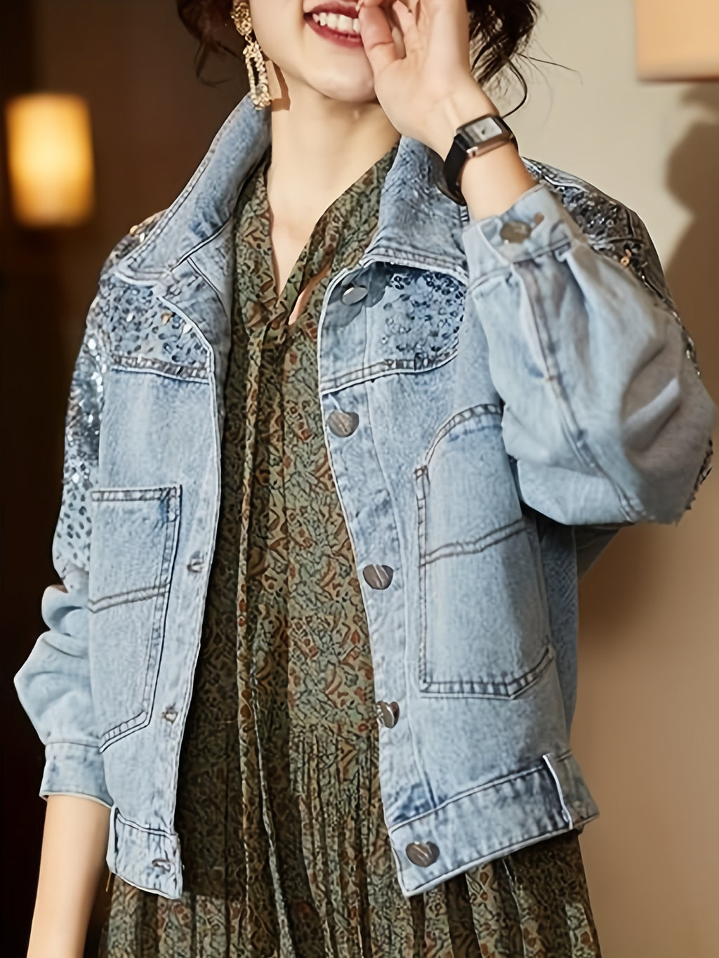 Women's Light Blue Denim-Look Jacket with Sequin Details, Flap Pockets, and Buttoned Cuffs - Stylish Long Sleeve Outerwear for Spring\u002FFall, Ladies Denim Jacket, Casual Outerwear | Trendy Women's Jacket | Sequin Accents