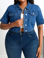 Plus Size Women'S Stretch Denim Short Sleeve Vest - Elegant V-Neck Button-Up Jacket with Pockets, Medium Stretch Fabric, Perfect for Spring\u002FSummer Casual Wear, Jean Jacke