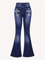 Cross Embroidery Whiskering Washed Blue Retro Style Zipper Button Closure Denim Pants, Women's Denim Jeans & Clothing