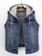 Spring-Summer Loose Korean Style Trendy Casual Sleeveless Short Jacket with Detachable Hoodie, Versatile Single-Breasted Cardigan