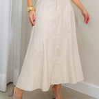 Women'S Elegant High-Waisted A-Line Midi Skirt - Lightweight 3\u002F4 Sleeve, Beige Solid Color, Perfect for Summer Commute & Casual Wear, Casual Summer Wear | Aline Silhouette | Smooth Textur