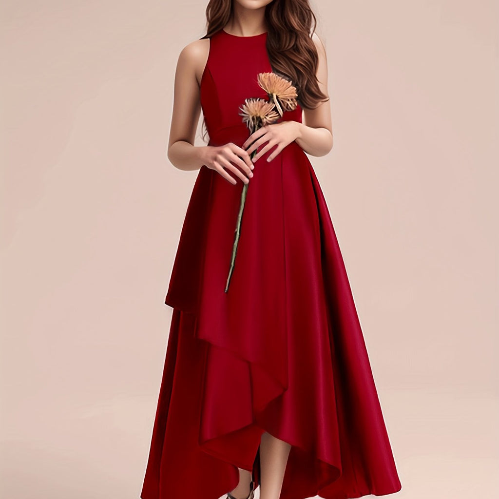 GULULU Girls' Elegant Summer Dress - Sleeveless Navy Blue A-Line Gown with Floral Detail, Lightweight Polyester Fabric, Perfect for Youngsters, Princess Style Long Dress, Summer Dresse